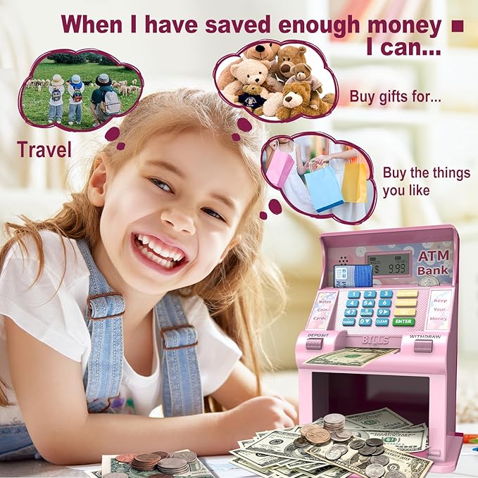 ATM Piggy Bank for Kids, Kids Bank for Real Money with Debit Card, Coin Recognition, Target Setting, Bill Feeder, Balance Calculator, Savings Machine Box, Gifts for Teen Boys Girls