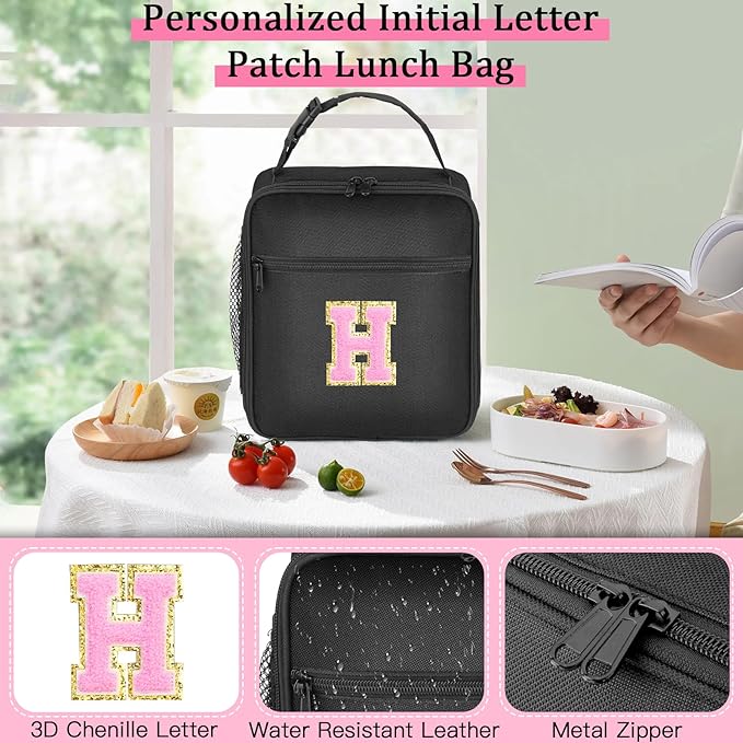 Initial Insulated Lunch Bag, Lunch Box with Initial Letter Patch for Teen Adult, Reusable Lunch Bag for Men Women, Ideal Back to School Gift Birthday Gift, Pink H