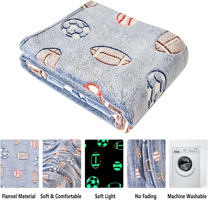 Wajade Sports Balls Gifts Toys for Boys Girls - Glow in The Dark Sports Balls Blanket Birthday Christmas Decor for Kids Age 3 4 5 6 7 8 9 10 11 12 Years Old Teens Child Throw Light Grey 60"x80"