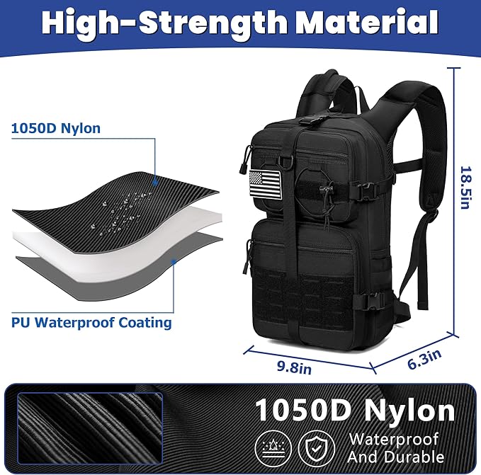 1050D Tactical Hydration Backpack with 3L TPU Water Bladder, Military Molle Water Backpack Perfect for Men & Women, Hydration Pack for Hiking, Biking, Running, Climbing, Hunting, Daily Use