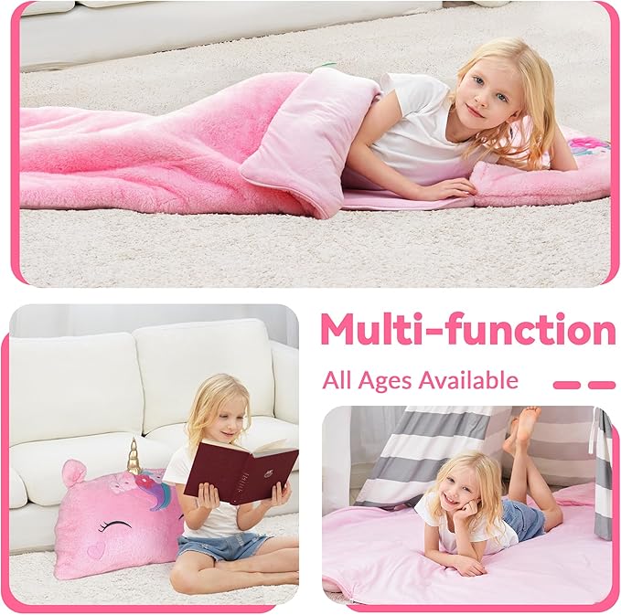 iPlay, iLearn Kids Unicorn Sleeping Bag, Toddler Girl Nap Mat, Plush Animal Slumber Bag 2 In 1 Pink Pillow Daycare Preschool Kindergarten Birthday Gift Travel Sleepover 3 4 5 6 7 8 10 12 Yr Child Teen