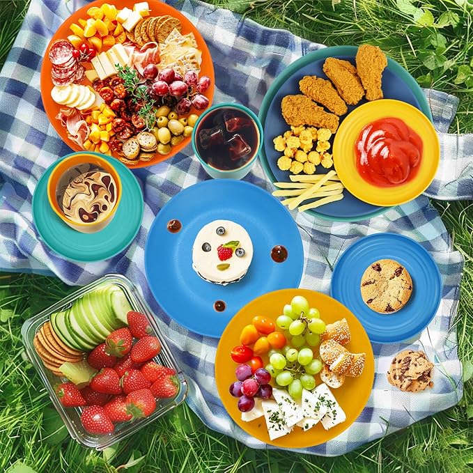 Wrova 40Pack plates and bowls sets for kids - Unbreakable wheat straw dinnerware sets service for 8 - Alternative plastic 40pcs dish sets for kitchen, camping and indoors dinning - (Colorful)