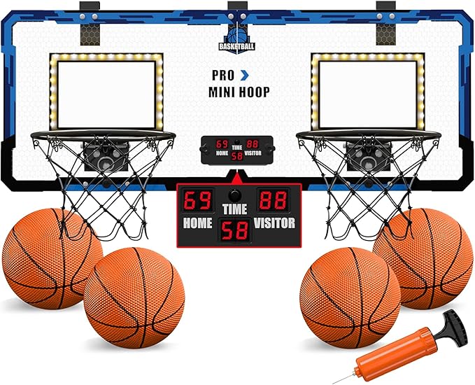 2 Player Basketball Game, Dual Shot Over The Door Mini Basketball Hoop Indoor with Scoreboard & LED, Basketball Toy Gifts for Kids Boys Girls Adults, Suit for Bedroom/Office/Outdoor/Pool, Blue