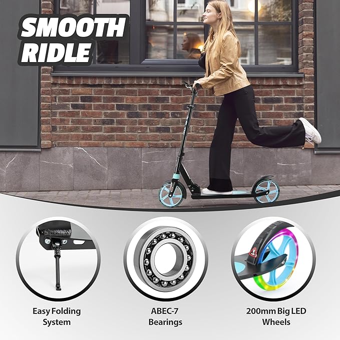 Scooter for Kids Ages 8+ Teens & Adults, Lightweight Kick Scooter with Carry Strap Adjustable Height Equipped with Front handbrake and Rear Brake, Big Sturdy PU Flash Wheels