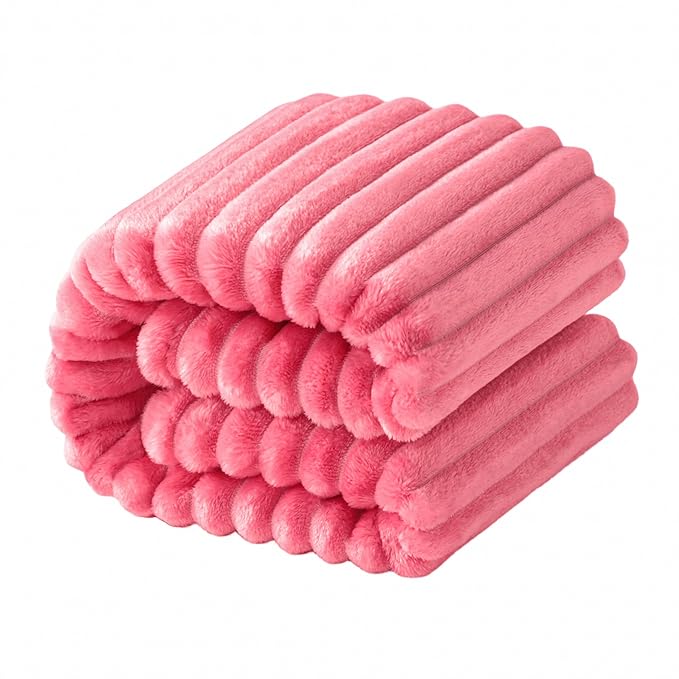 NTBAY Plush Flannel Twin Bed Blanket, 60x80 Inches Soft and Warm Lightweight Bed Blanket with Striped Texture for Couch, Sofa, All Seasons, Coral Pink