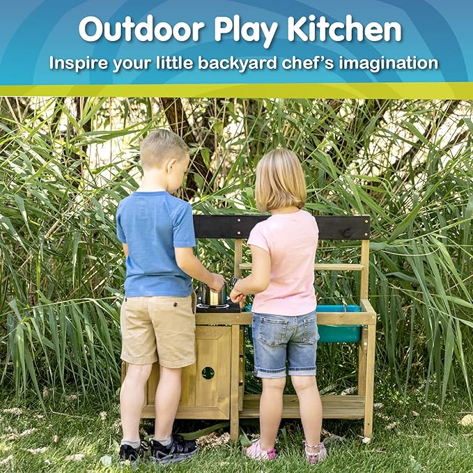 TP Toys Mud Play Kitchen For Kids - Indoor, Outdoor Wooden Toy Toddler Kitchen Playset with Accessories, Durable, Weatherproof, Removable Sink, Chalkboard, Wood Burner Stencils, Easy Assembly, Ages 3+