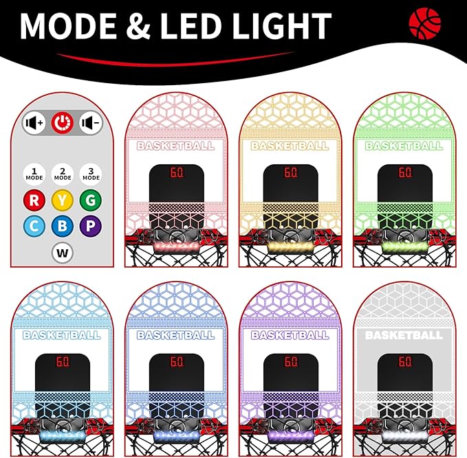 Indoor Basketball Hoop for Kids Boys, Mini Basketball Hoop Indoor Sets Toys with RC 7-Color LED Light, 4 Balls & Scoreboard, Birthday Toys Gifts for 3 4 5 6 7 8 9 10 11 12+ Year Old Boys