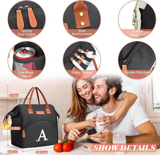 Personalized Lunch Box for Women, Initial Reusable Insulated Lunch Bag, Wide-Open Adult Lunchbox Cooler Lunchbag, Leakproof Lunch Tote for Picnic Work Outdoors, Christmas Gift for Women, Black - T