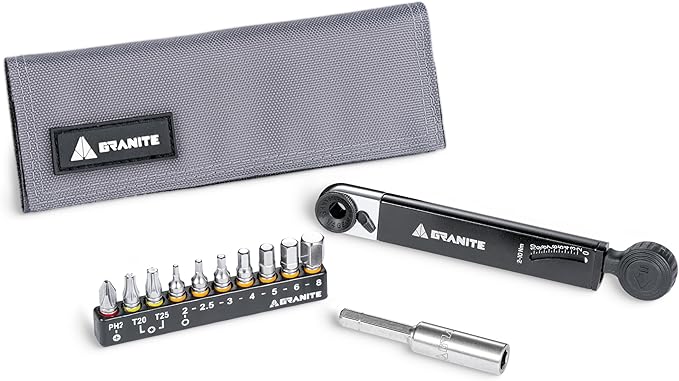 Granite Rocknroll TQ Torque Ratchet Bike Tool Kit, Bike Multitool Kit with 10 Tool Bits and Extension Rod, Portable Torque Ratchet Tool Kit for Mountain Bike, Road Bike and Gravel Bike (Grey)