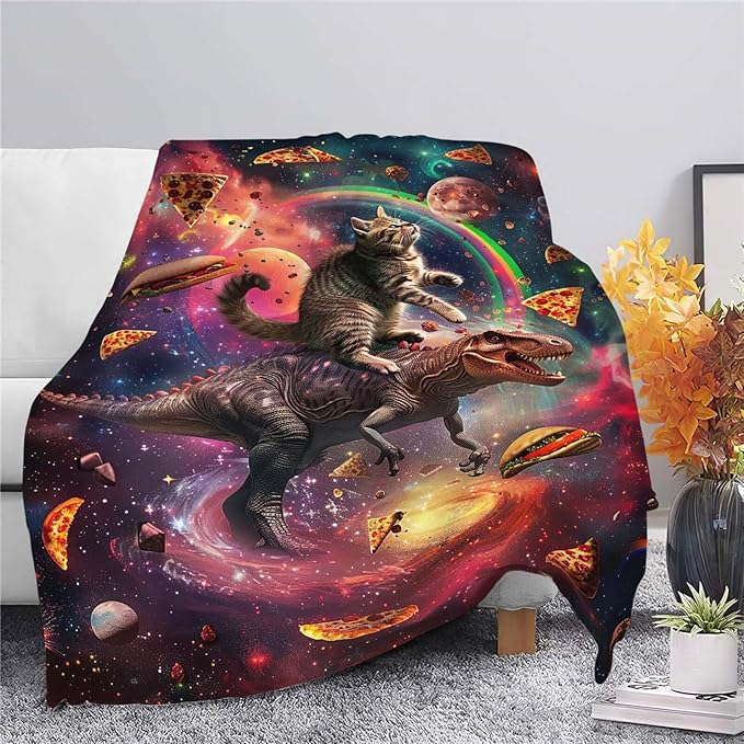 Dinosaur Cat Throw Blanket Funny Hamburger Pizza Dinosaur Cat Stuff Gifts for Kids Girls Boys Adults Women Man Soft Cozy Warm Plush Fluffy Fuzzy Fleece Blanket Decorr 60''X80''