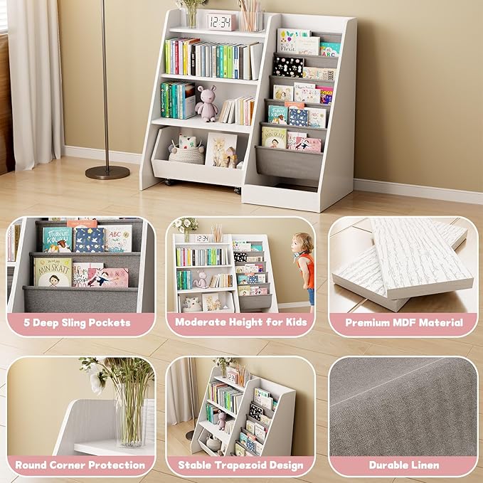 COZPAW Kids Bookshelf and Toy Storage, 4 Tier Toddler Bookshelf with Movable Drawer 5 Sling Pockets, Montessori Book Shelf for Kids Room, Playroom, Nursery (White)