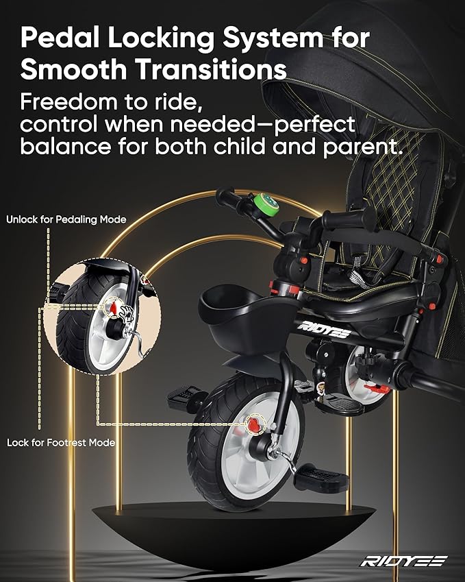 7-in-1 Folding Toddler Tricycle for 18 Months to 5 Years, Tricycle Stroller with Dual Brakes, All-Terrian Rubber Tire, Tricycle for Toddlers with Rotatable Seat, Adjustable Push Handle, Black