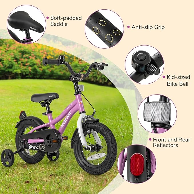 COSTWAY 12/14/16/18 Inch Kids Bike, Children Toddler Bicycle with Training Wheels, Adjustable Seat & Handlebar, Handbrake & Coaster Brake, Reflectors, Bell, Suitable for 3-8 Years Old Boys Girls