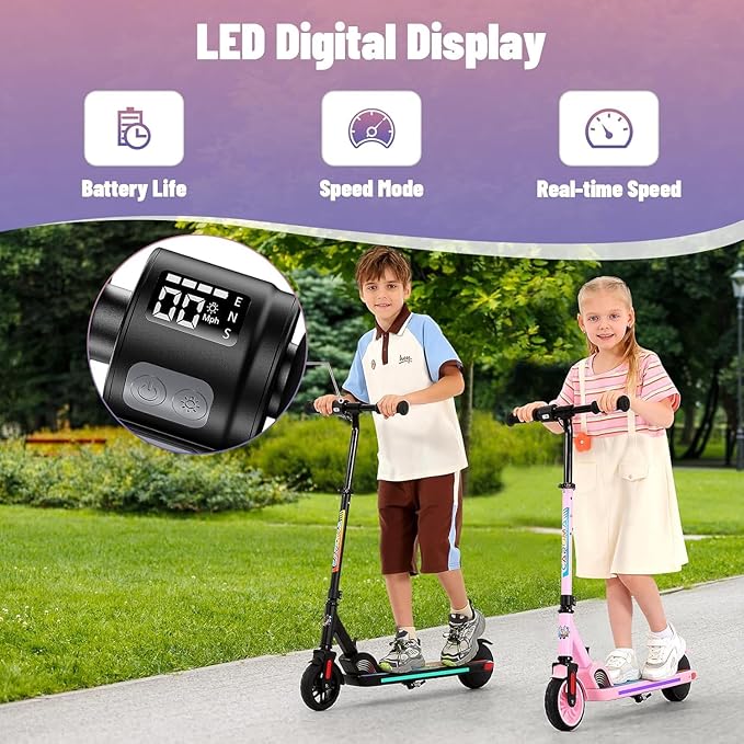 Caroma Electric Scooter for Kids Ages 6-14, 180W/150W Motor & 10 Mph, 85 Mins Ride Time, Adjustable Height & Speed, LED Display & Colorful Lights, Kids Electric Scooter, Best Gifts for Girls and Boy