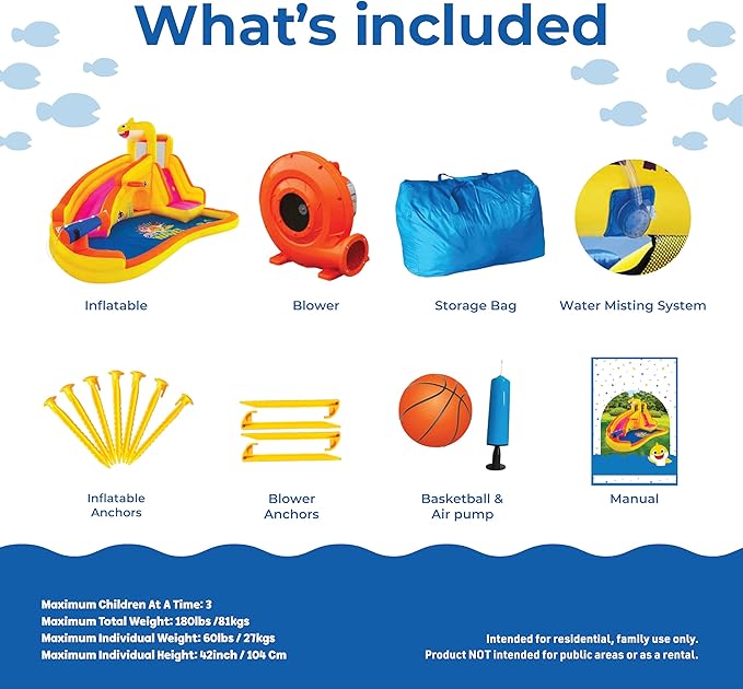 Funormous Baby Shark Bounce House with Slide Wet or Dry, Pink Fong Inflatable Water Slide, Party Outdoor Curve Waterslide Fun, Kids Backyard Water Park, Includes Water Sprayer, Pool & Blower