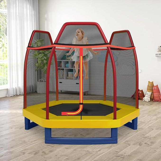 GYMAX Trampoline for Kids, 7FT Toddler Trampoline with Safety Enclosure Net & Seamless Spring Pad, Heavy Duty Small Indoor/Outdoor Trampoline for Boys, Girls Age 3+