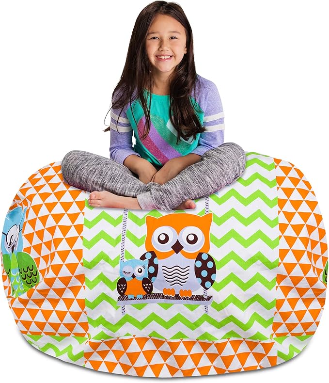 Posh Stuffable Kids Stuffed Animal Storage Bean Bag Chair Cover - Childrens Toy Organizer, X-Large-48 - Canvas Owls Green and Orange
