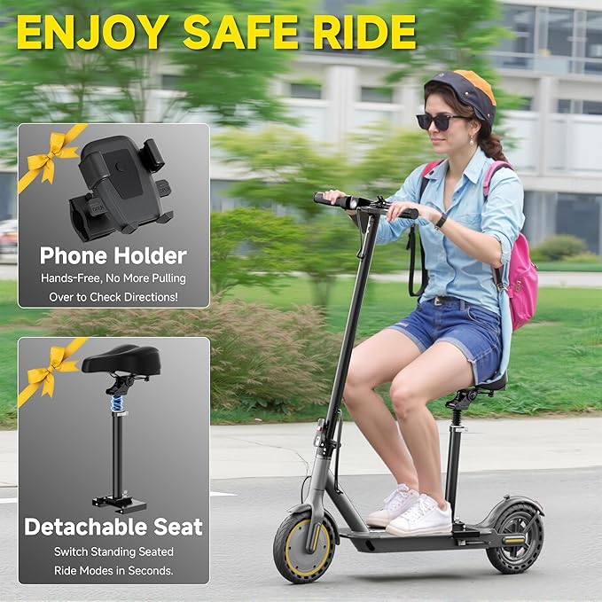 Electric Scooter, Folding E Scooter for Adults with Seat, 350W Motor, 8.5" Tire, 19MPH, 21Mile Long Range Lightweight Teens Commuting Sit Down Escooter with App, Bluetooth, Dual Brake (Seat Optional)