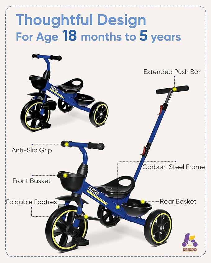 KRIDDO 2-in-1 Toddler Tricycle for Ages 18 Months to 5 Years Old - Extended Push Handle for Effortless Push, Gift Trike for Toddler 3 to 5 Year, Kids Tricycle with Foldable Front Footrest, Blue