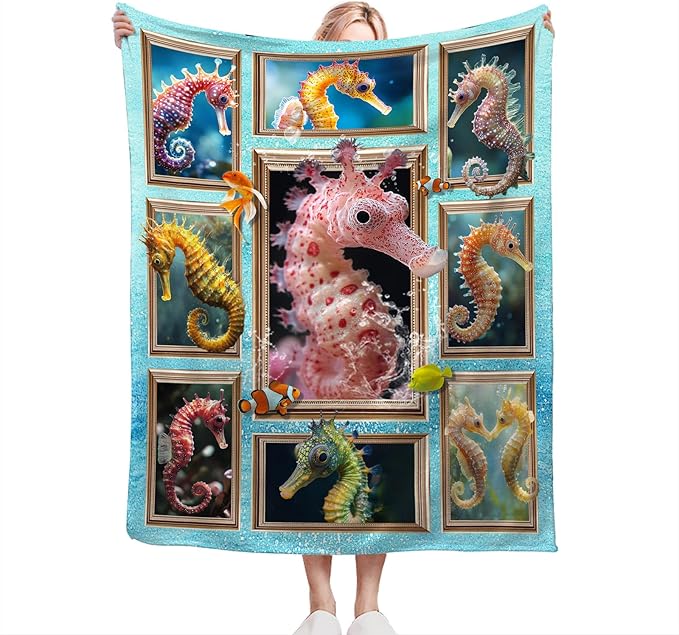 Seahorse Blanket Fleece Soft Warm Plush Ocean Animal Throw Blanket Lightweight Plush Fuzzy Cozy Marine Life Blankets for Lover Kids Adult Suitable for Couch Sofa Bed 50"X40"