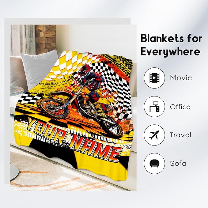 Personalized Blanket for Boys, Dirt Bike Blanket for Kids, Custom Gifts with Name, Toddler Plush Throw, Cool Throw for Men & Adults, 60"x80"