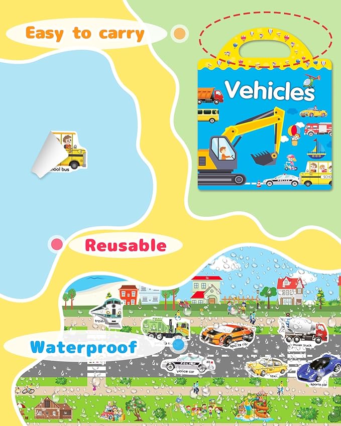 Benresive Reusable Sticker Book for Toddlers 2-4 Years, Fun Travel Stickers for Kids, Waterproof Sticker Books for Toddlers 1-3, Crafts Activities for Toddler 1-3 2-4 3-5 - Vehicle
