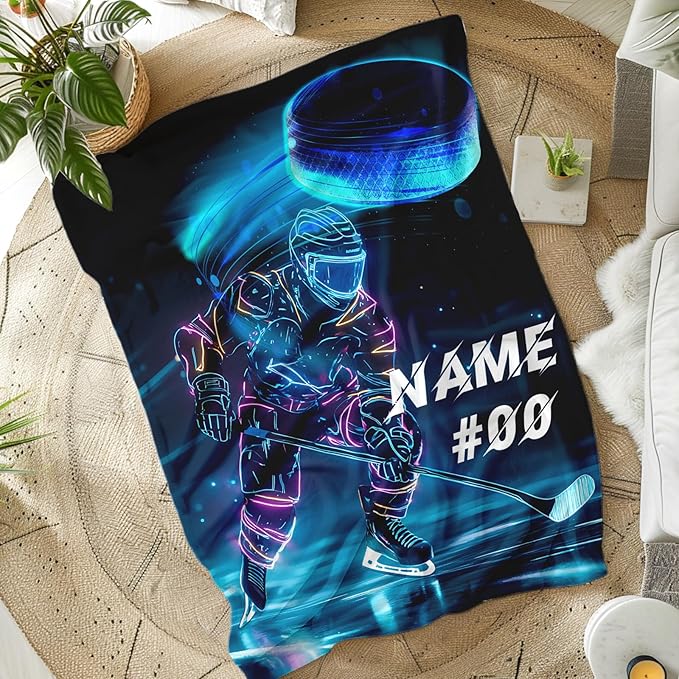 Personalized Ice Hockey Blanket, Hockey Gifts, Sports Blanket, Cool 80 x 60 Inches Throw Blanket Gift for Boys, Men, Ice Hockey Lovers, Soft Warm Fuzzy Throw Blanket for Bed, Living Room, Home Decor