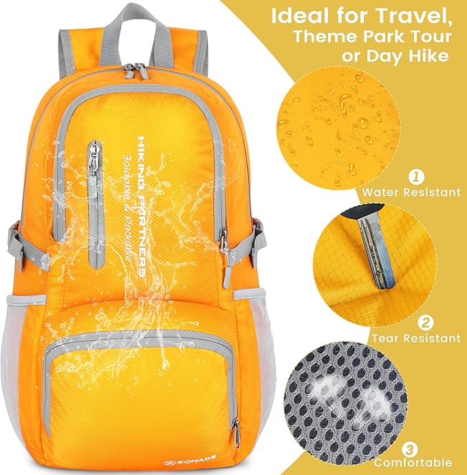 ZOMAKE Lightweight Packable Backpack - 35L Light Foldable Hiking Backpacks Water Resistant Collapsible Daypack for Travel(Yellow New)