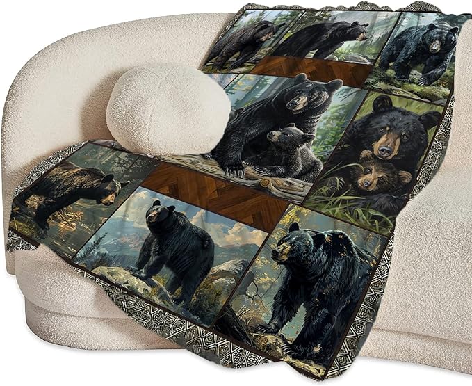 Black Bear Blanket Wild Animal Throw Blanket Cozy Plush Fleece Flannel Bear Blankets Lightweight Fuzzy Party Gifts for Girls Boys Women Men 60"X50"