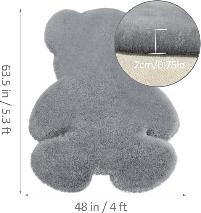 4x5.3 ft Grey Bear Shaggy Large Rug, Soft Fluffy Faux Sheepskin Fur Rug Fuzzy Shag Area Rug Cute Plush Carpet for Nursery Kids Girls Bedroom Room Aesthetic Living Room Floor Home Decor, Grey