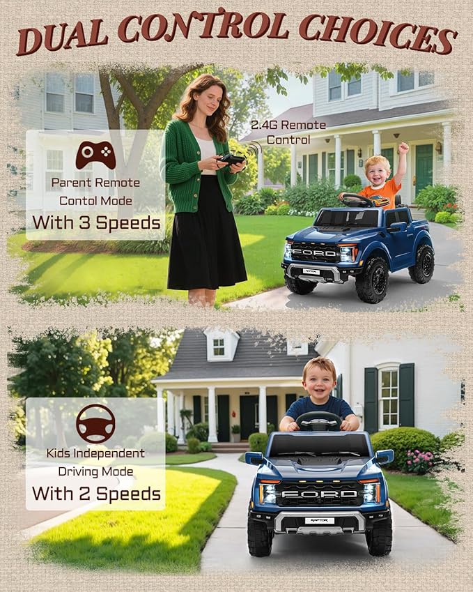 First Ride On 12V Electric Car for Kids, Licensed Ford F-150 Raptor Toddler Ride on Toys with Remote Control, Kids Ride on Truck with Smooth Start, Truck Bed Storage, Bluetooth (Blue)