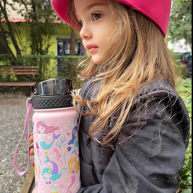 GOPPUS Kids Water Bottle (Straw Lid) - 14 Oz Stainless Steel Travel Bottle, Double Wall Vacuum Leak Proof Kids Cup for School Boys Girls,Happy Mermaids