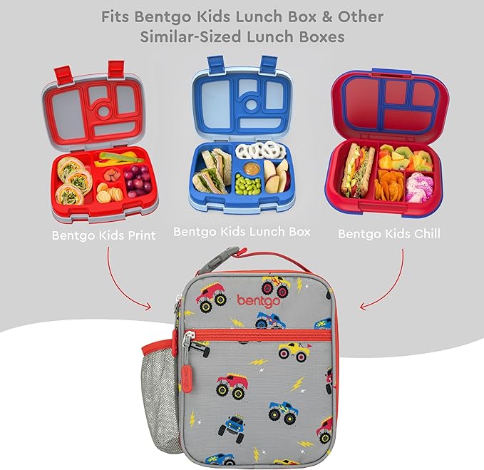 Bentgo Kids Insulated Lunch Tote - Water-Resistant, Reusable, Lightweight & Durable Lunch Bag with Water Bottle Holder & Exterior Pocket, Fits Lunch Box & Water Bottle - Ideal for Ages 3+ (Trucks)