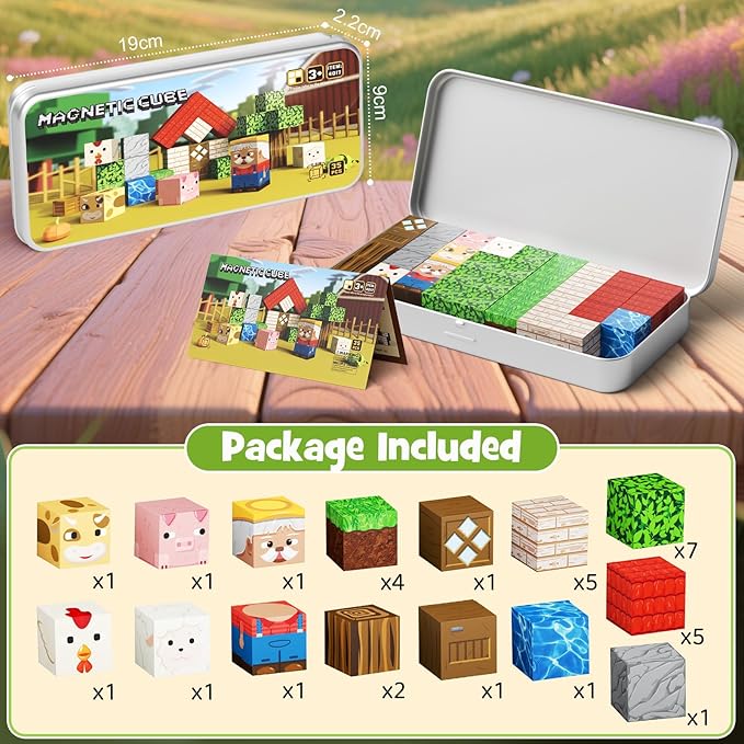 Magnetic Tiles Farm Animals Travel Toys, 35PCS Magnetic Blocks for Kids Ages 3-8, Portable STEM Building Cubes with Metal Storage Box, Toddler Learning Toys for Ages 3-5