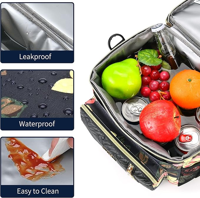 LOKASS Lunch Box & Lunch Bag for Women Men Double Deck, Large Insulated Adult Lunch Box Leakproof Lunchbox Cooler Bag for Work Picnic Beach,（Floral 16L）