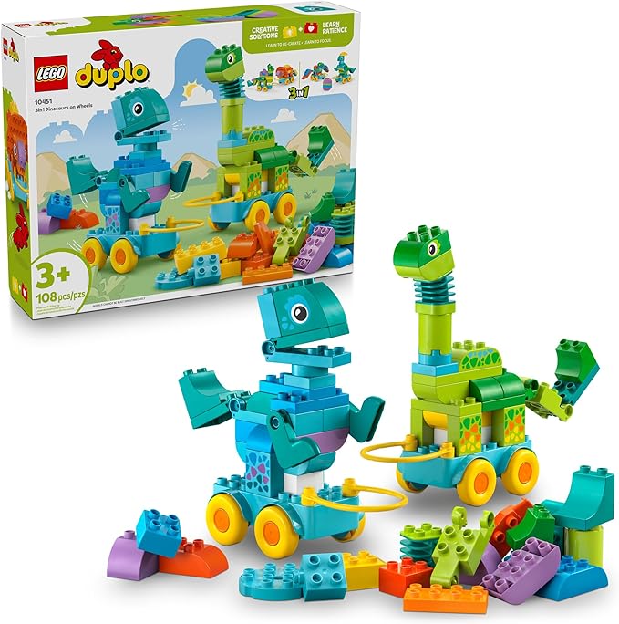 LEGO DUPLO Town 3 in 1 Dinosaurs on Wheels Learning Toy for Toddler Boys & Girls, Ages 3+ - Building & Education Play Set Teaches Problem-Solving Skills Through Play - Preschool Gift Idea - 10451