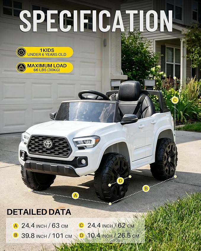 Blitzshark 12V Kids Ride on Car Licensed Toyota Tacoma Battery Powered Motorized Electric Vehicle, with Remote Control, Digital Display, Spring Suspension, Storage Space, Music &FM, White