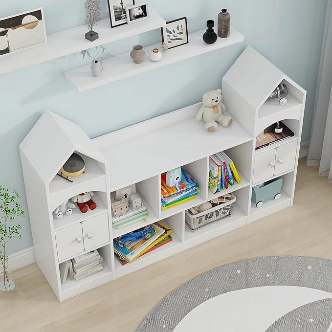 Vabches Kids Bookcase and Toy Storage Cabinet, Children Bookshelf, Castle Shape, Playroom Furniture Multipurpose Shelf for Toddlers to Organize Toys and Books Magic Castle, Cool White