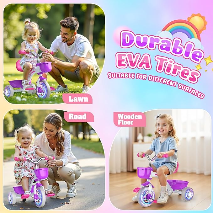 Toddler Tricycle for 1-3 3-4 Year Olds, Toddler Toys Baby Bike, Toys for Ages 2-4, 3-Level Adjustable Seat, 3 Colorful Lighting Wheels, 2 3 4 Year Old Girl Birthday Gifts