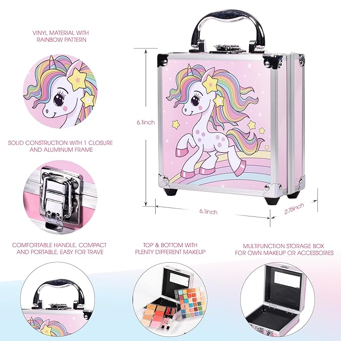 Hot Sugar Girls Makeup Kit Age 4-6 7-8 10-12, Little Girl Makeup Set, Makeup Kit for Teenagers 13-15 Includes Eyeshadow Lip Gloss Blush Highlighter Contour Brush (Pink Unicorn)