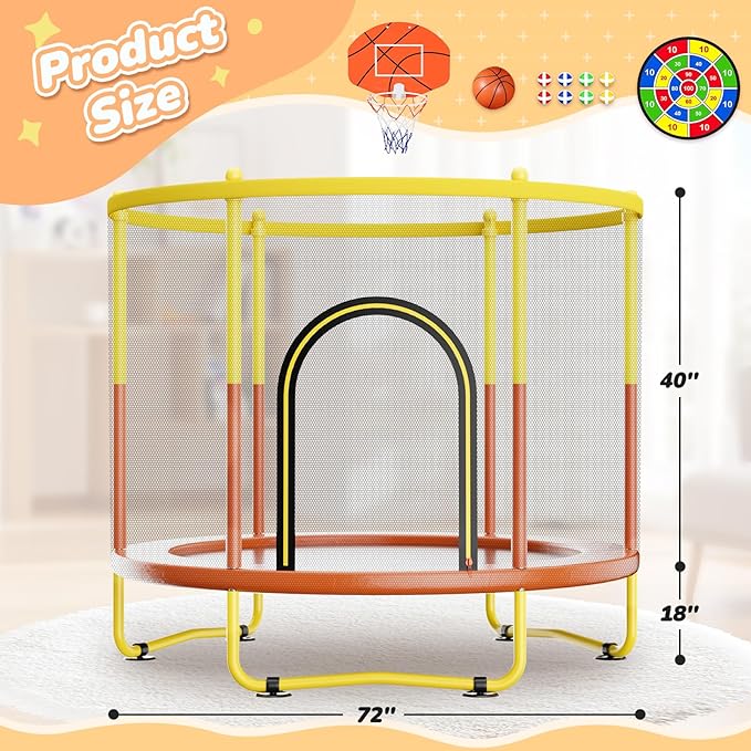 6FT Indoor Trampoline for Kids Ages 1-8, 72" Mini Toddler Indoor & Outdoor Trampoline with Safety Enclosure Net, Basketball Hoop & Dart Board, Birthday Gifts for Boys & Girls, Baby Toddler