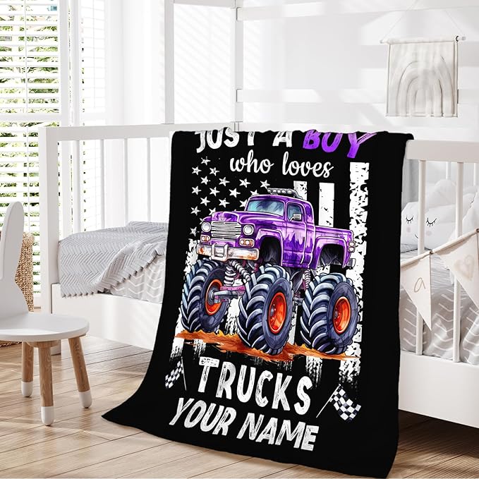 Personalized Truck Blanket for Kids Adults Boys Men - 60x80 Inches Cute Truck Throw Blanket Gifts for Truck Lovers - Custom Black Soft Fuzzy Car Stuff Decor for Couch Bed Sofa