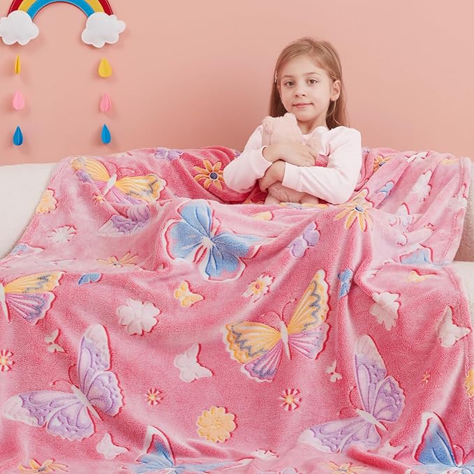 Glow in The Dark Blanket,Butterfly Gifts Toys for Girls, Birthday Presents Decor for Kids Age 3-14 Year Old Daughter Teen Child Toddler Luminous Christmas Bedroom Throw Blanket 50"x60"