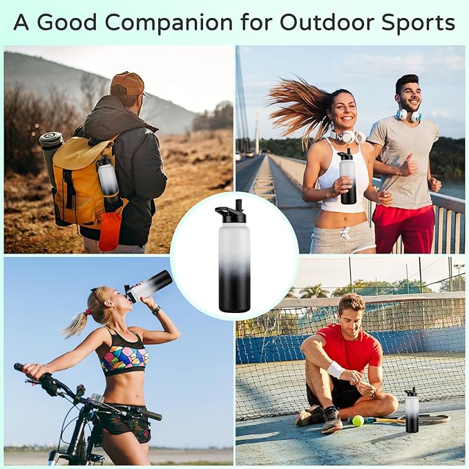 DOMICARE 40 oz Insulated Water Bottle, Vacuum Insulated Stainless Steel Sports Water Bottle with Straw Lid & Spout Lid, Leakproof, Reusable - Travel, Camping, Bike, Black White Gradient