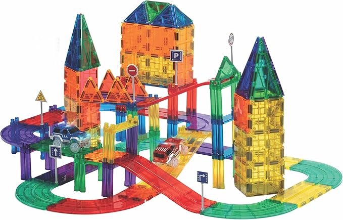 Playmags Magnetic Tiles Race Track Set - 200 Piece STEM Engineering Building Blocks with 2 LED Race Cars, Educational Magnet Toy for Kids