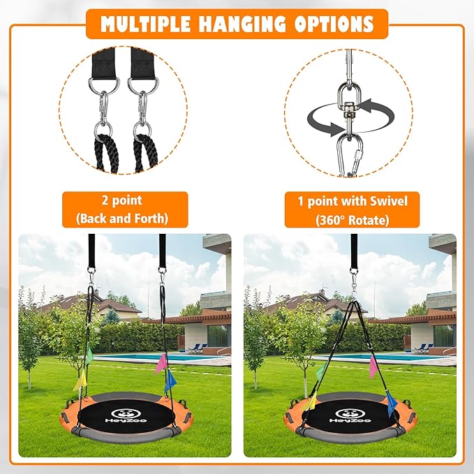 Tree Swing, Saucer Swing Sets 43 Inch for Kids, Come with 360 Degree Swivel and Adjustable Hanging Strap, Gray and Orange