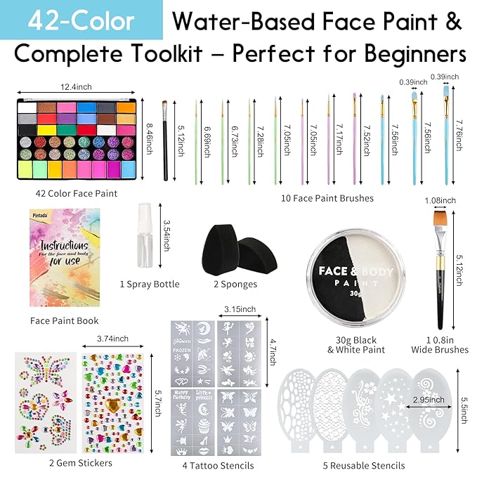 Pintada 42 Color Face Painting Kit for Kids +30g Black and White Face Paint - Non Toxic Water Based Face Paint Palette With Stencils, Brush, Gems. For Carnival, Halloween, Costume Makeup