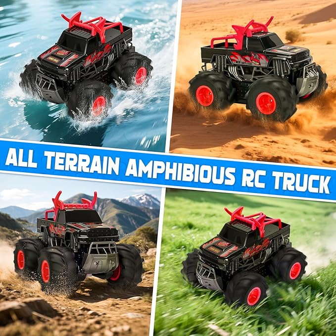 1:16 Waterproof Monster Truck Toys RC Cars, 2.4GHz Remote Control Truck for Kids Boy Ages 8,9,10,11,12 Years Old, 4WD All Terrain Off-Road with LED Lights RC Boat for Boy Girl Birthday Gift - Red
