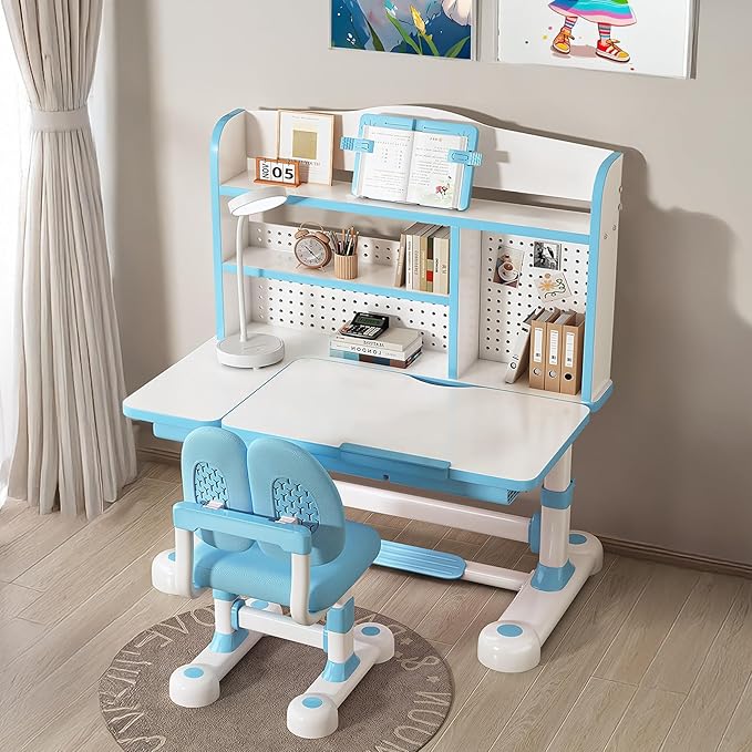 Kids Desk and Chair Set, Height Adjustable Study Table with Bookshelf & Storage Drawer, 0-50° Tiltable Desktop, Ergonomic Study Desk for Boys and Girls Ages 3-12 (Blue)