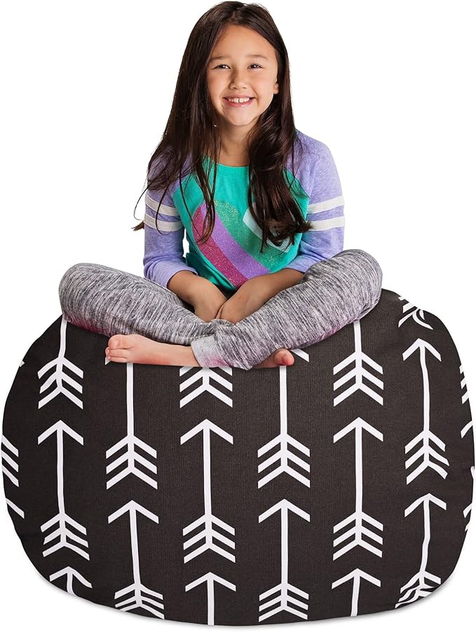 Posh Creations Kids Stuffed Animal Storage Bean Bag Chair Cover - Childrens Toy Organizer, Large-38in, Canvas White Arrows on Gray